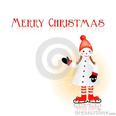 Christmas greeting card with merry skating snowman Vector Illustration