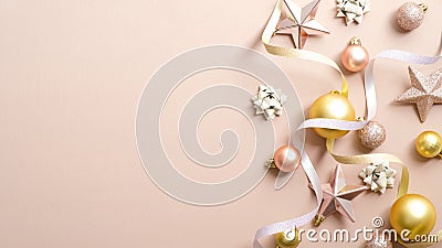 Christmas greeting card mockup with elegant decorations, gold Xmas balls, pink stars, ribbon on pastel ivory background. Happy New Stock Photo