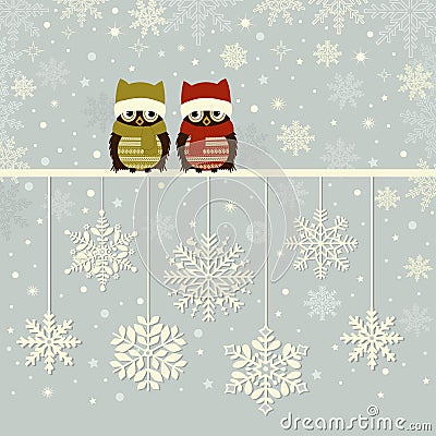 Christmas greeting card with owls Vector Illustration