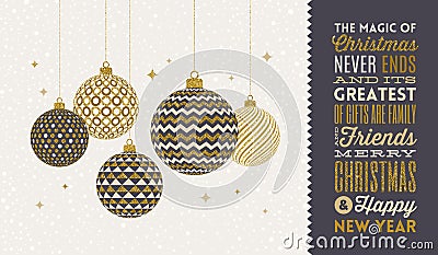 Christmas greeting card - patterned golden baubles on a snowy white background and type design greeting. Vector Illustration