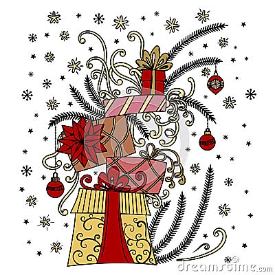 Christmas greeting card. Pile of holiday presents. Vector Illustration