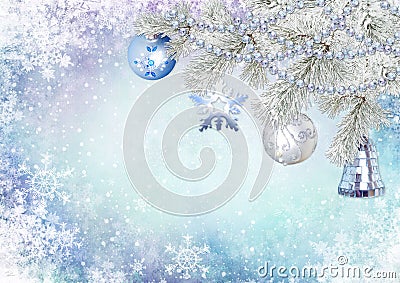 Christmas greeting card with pine branches and balls Stock Photo