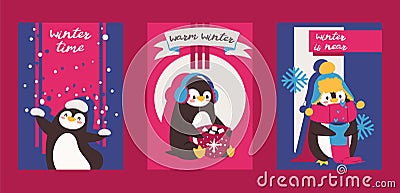 Christmas greeting card with pinguin. Enjoy winter time. Warm winter. Winter is near. Cartoon characters with hat, scarf Vector Illustration