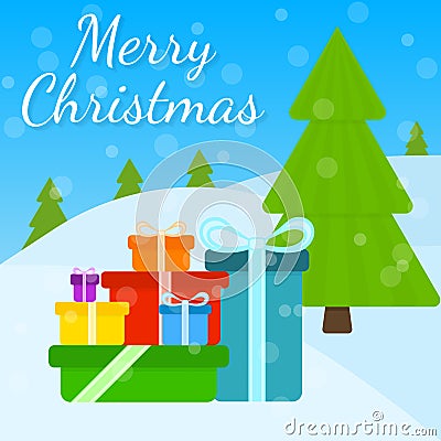 Christmas Greeting Card with Presents and Tree Vector Illustration