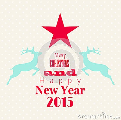 Christmas greeting card with red star and reindeer Vector Illustration