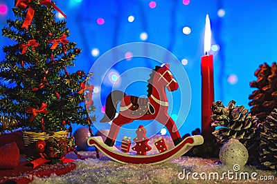Christmas greeting card with red wooden horse Stock Photo