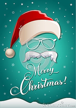 Christmas greeting card with white silhouette of santa claus hat, glasses, beard and congratulatory text Vector Illustration