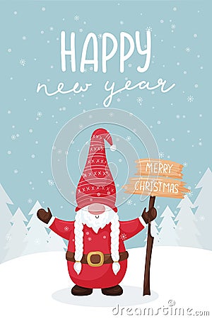 Christmas greeting card with a smiling dwarf holding a wooden sign with words Merry Christmas. Winter forest. Hand Lettering - Vector Illustration