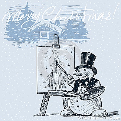 Christmas greeting card with snowman artist sketching outdoor in snowfall Vector Illustration