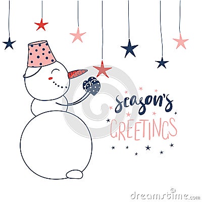 Christmas greeting card with snowman and stars Vector Illustration