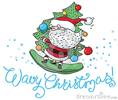 Christmas greeting card with surfing Santa Klaus Stock Photo
