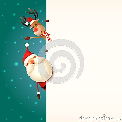 Christmas greeting card template. Santa Claus and Reindeer peeking behind signboard snowy background Vector Illustration