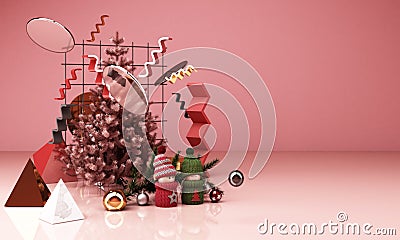 christmas greeting card template with Christmas tree and candy giftbox candle surounding by geometric shape Stock Photo