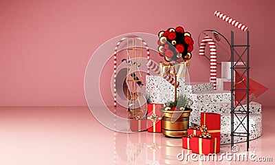 christmas greeting card template with Christmas tree and candy giftbox candle surounding by geometric shape Stock Photo