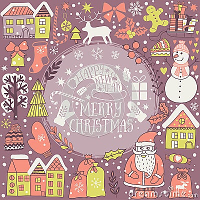 Christmas greeting card template, vector Merry Christmas. Winter holiday design, frame wreath design made of childish doodles: San Vector Illustration