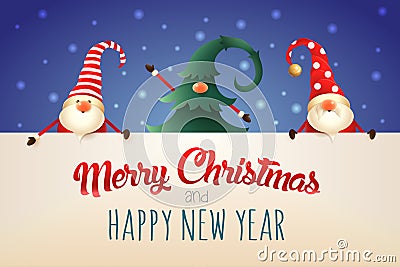 Christmas greeting card. Three Christmas Gnomes with signboard on blue background. One hidden in Christmas tree Vector Illustration
