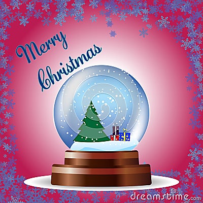 Christmas greeting card with tree and gifts in a globe on red background Cartoon Illustration