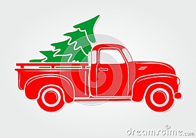 Christmas greeting card. Vintage pickup, truck with Christmas tree. Vector Illustration