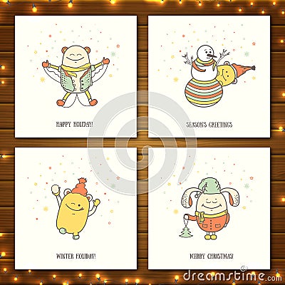 Christmas greeting cards with funny monsters Vector Illustration