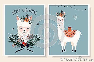 Christmas greeting cards set with hand drawn cute llama Vector Illustration