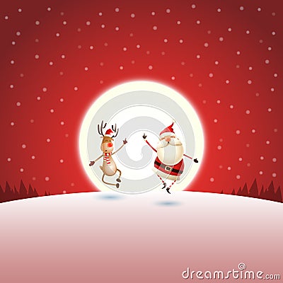 Christmas greeting - Santa Claus and Reindeer on red night moonlight winter landscape Vector Illustration