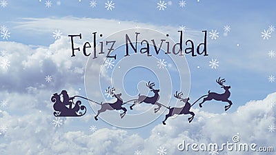 Christmas greeting with Santa Claus in a sleigh with the reindeer with the text Merry Christmas in Spanish Stock Photo