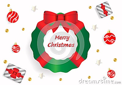 Merry Christmas greeting text in white background. Using green fir tree with red ribbon bow, gift box, silver star and red ball Vector Illustration