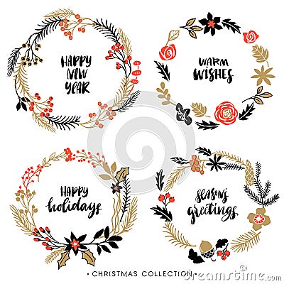 Christmas greeting wreaths with calligraphy. Vector Illustration