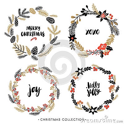 Christmas greeting wreaths with calligraphy. Vector Illustration