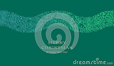 Christmas Greetings Vector Banner Template. Winter Holiday Spruce and Holly Doodle Wavy Stripe Decorative Frame on Green Vector Illustration