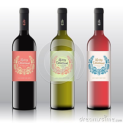 Christmas Greetings Wine Bottle Labels Concept. Red, White and Pink Wine Set on the Realistic Vector Bottles. Winter Vector Illustration