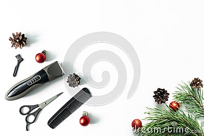 Christmas hairdresser composition with combs, brush, scissors, tools and accessories with new year decorations on white Stock Photo