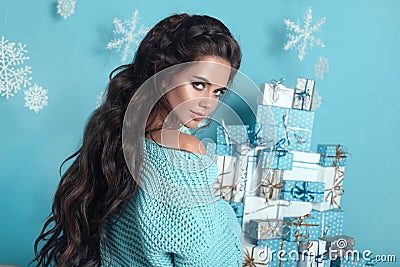 Christmas hairstyle. Portrait of attractive woman with wedding w Stock Photo