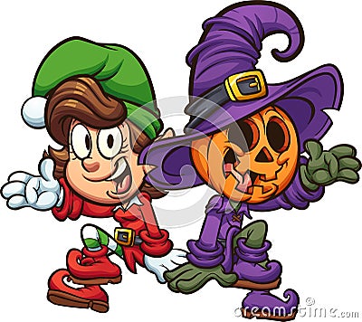 Christmas and Halloween characters sitting Vector Illustration