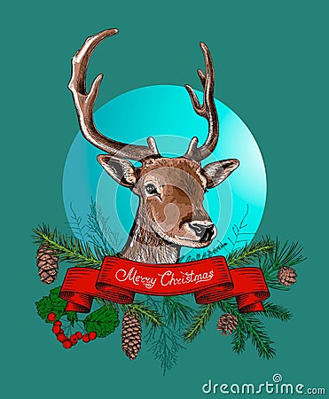 Christmas hand drawn background with deer Vector Illustration