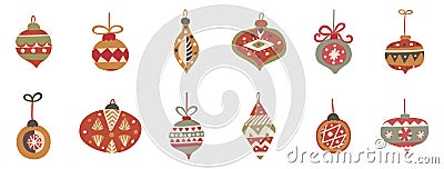 Christmas hand drawn balls set. Cute hanging bauble in boho style. Holiday decoration card. New Year label sale. Doodle Vector Illustration