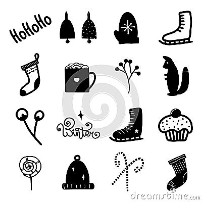 Christmas hand drawn black mitten ball skates candy cane squirrel design elements vector illustration. Calligraphy holiday NewYear Vector Illustration