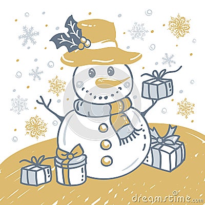 Christmas hand drawn card with Christmas snowman Vector Illustration