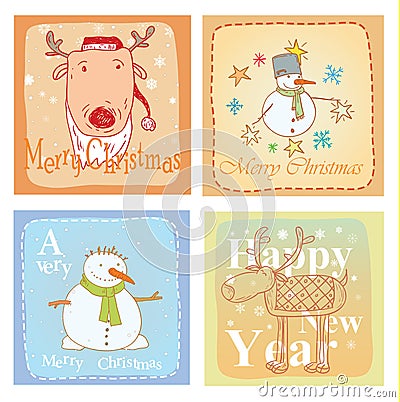 Christmas hand drawn card set. Vector illustration. Cartoon Illustration