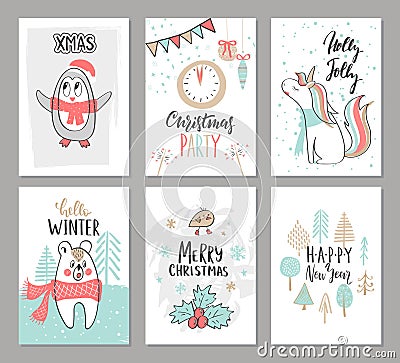 Christmas hand drawn cute cards with penguin, unicorn,bear, bird, trees and other elements. Vector illustration. Cartoon Illustration