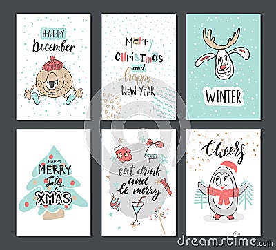 Christmas hand drawn cute cards with reindeer, Xmas tree, penguin and other items. Vector illustration. Cartoon Illustration