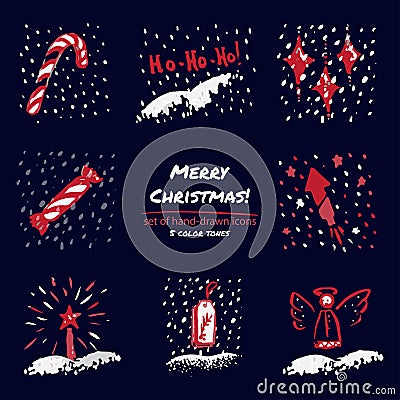 Christmas hand drawn sketch icons on dark blue background Few color tones, red, white, gray Cartoon Illustration