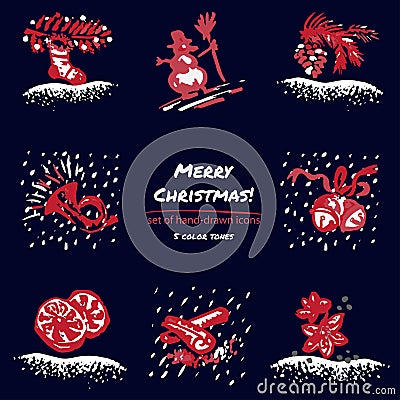 Christmas hand drawn sketch icons on dark blue background Few color tones, red, white, gray Cartoon Illustration