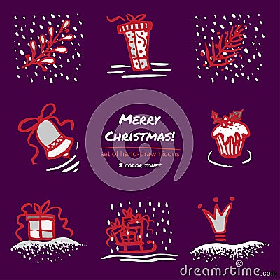 Christmas hand drawn sketch icons on dark purple background Few color tones, red, white, gray Cartoon Illustration