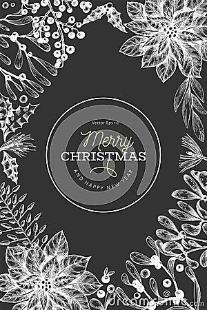 Christmas hand drawn vector design template. Vintage style illustration on chalk board Cartoon Illustration