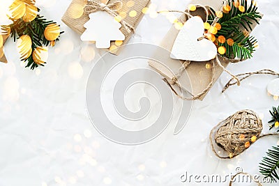 Christmas handmade gift boxes on white background top view. Merry Christmas greeting card, frame. Winter xmas holiday theme. Stock Photo