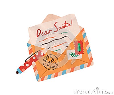 Christmas handwritten wish letter to Santa Claus. Pencil and open post envelope on Xmas eve. Traditional written paper Vector Illustration