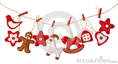 Christmas Hanging Decoration Toy, Isolated White Background, Traditional Xmas Holiday Gifts Hang On Clothespin Stock Photo