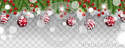 Christmas and happy New Year border of Christmas tree branches with red balls and holly berries on transparent background. Vector Illustration