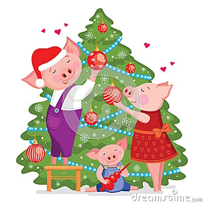 Christmas and Happy New year card with cute lovely family of pigs decorate a xmas tree. Vector illustration isolated on white back Vector Illustration